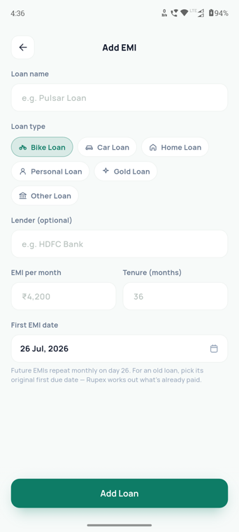 Rupex add EMI screen