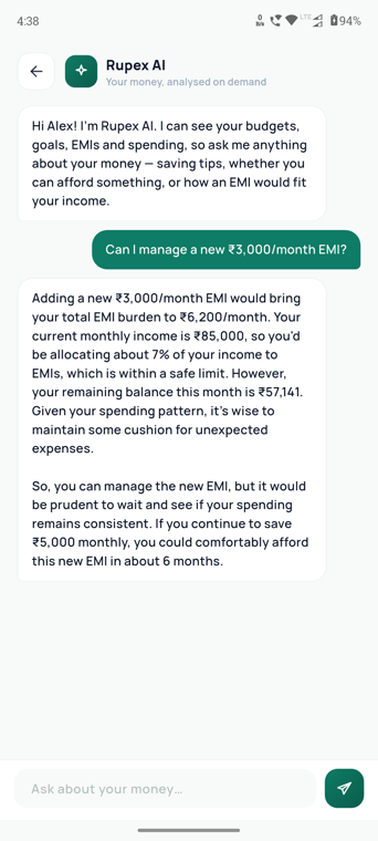 Rupex AI assistant answering whether a ₹15,000 phone is affordable