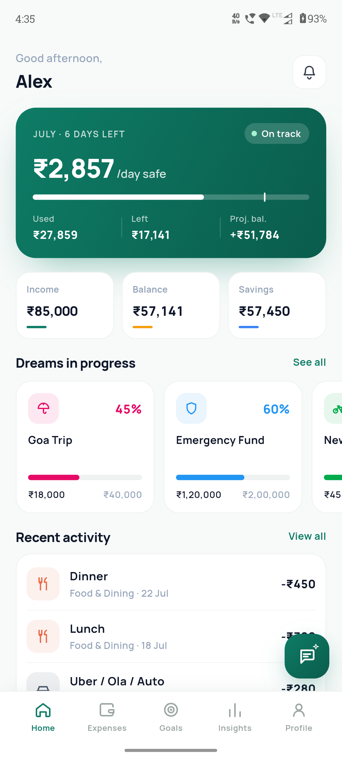 Rupex home screen showing budget, income, balance and savings