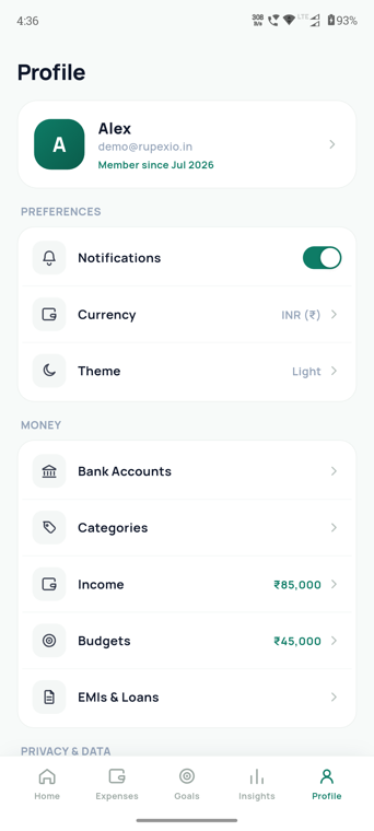 Rupex profile screen