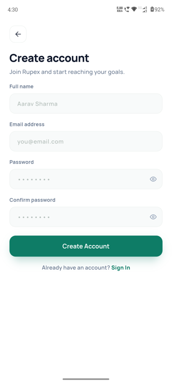 Rupex create account screen